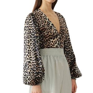 Acoa Leopard Print Button Down Balloon Sleeve Smocked Crop Top Size Small